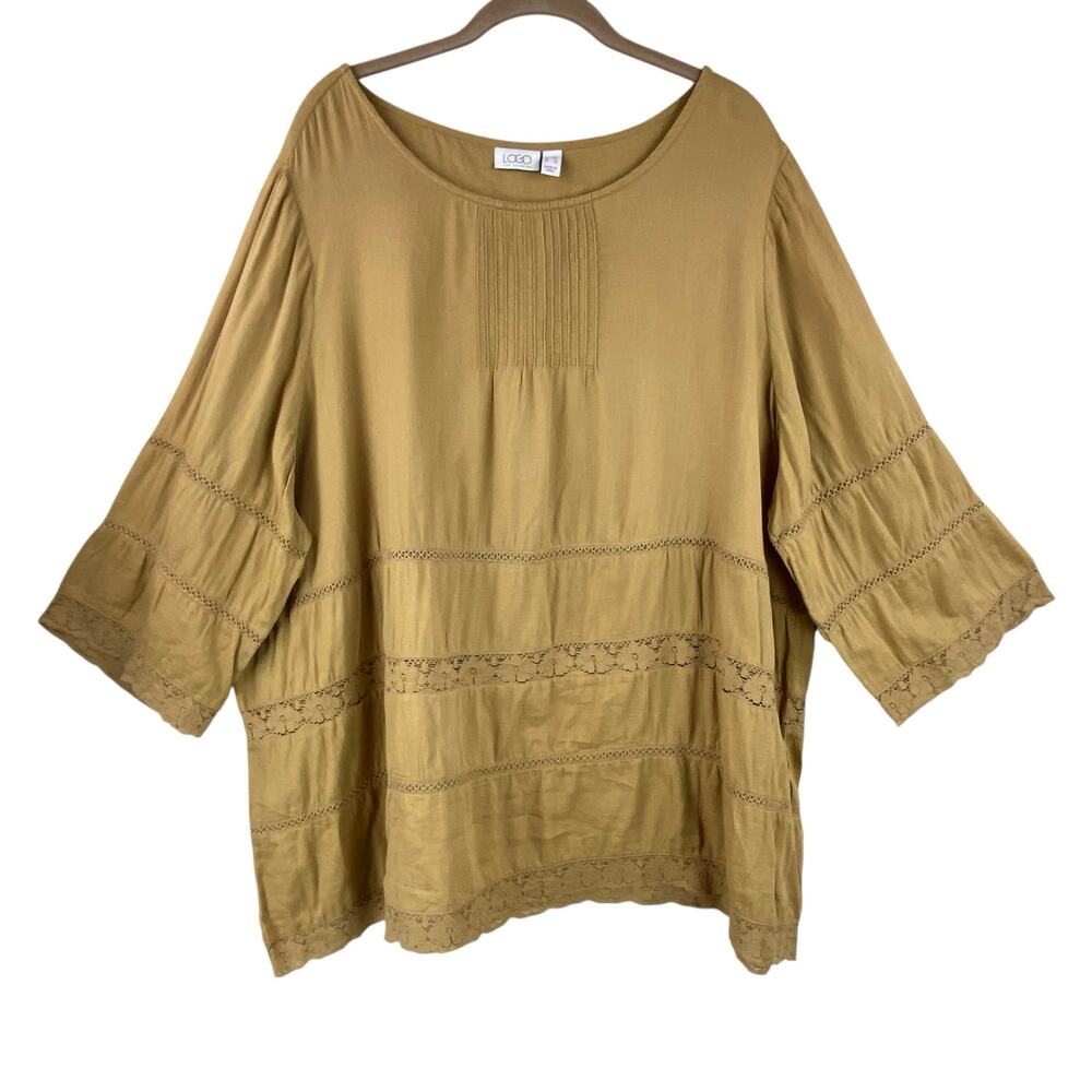 Logo 100% Cotton Tiered Tunic Top Size 28W Brown Mustard Lightweight Boho Lace